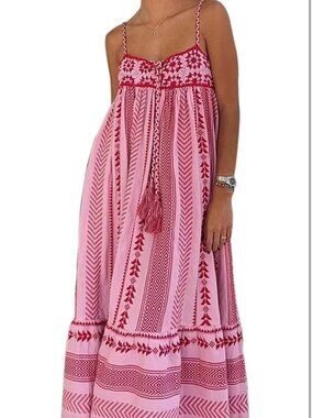Women Boho Maxi Dress Crochet Patchwork  - Sleeveless Beach Sundress in Pink